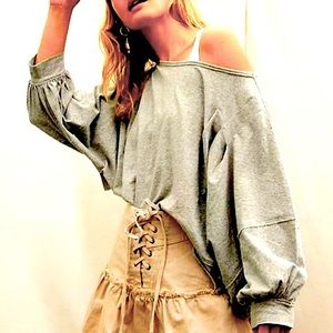 FREE PEOPLE POSITANO LACE UP DENIM SKIRT CHAMPAGNE